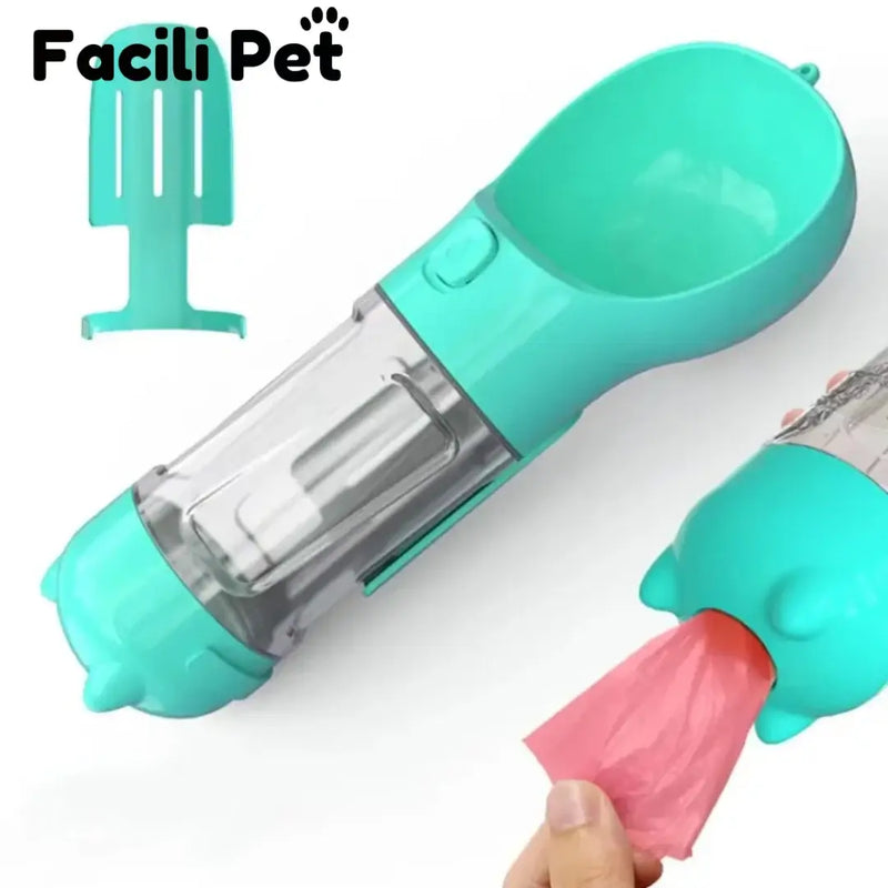 Garrafa 4 em 1 Multi-Funções pra Passeios - Compartimento de água e comida, Porta sacola e pá cata-caca